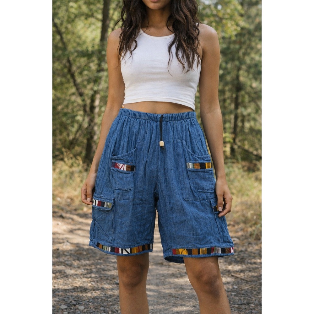 Conoz Handmade Shorts Size S Blue Drawstring Cotton Guatemalan Hippie Festival